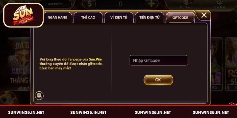 Cách nhập Giftcode để nhận tiền Sunwin