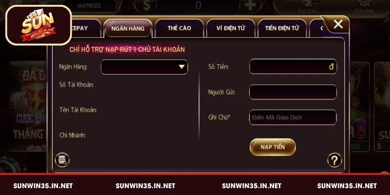 Hướng dẫn gửi tiền Sunwin bằng chuyển khoản ngân hàng