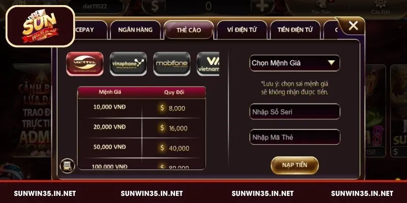 Hướng dẫn sử dụng thẻ cào để nạp tiền vào Sunwin